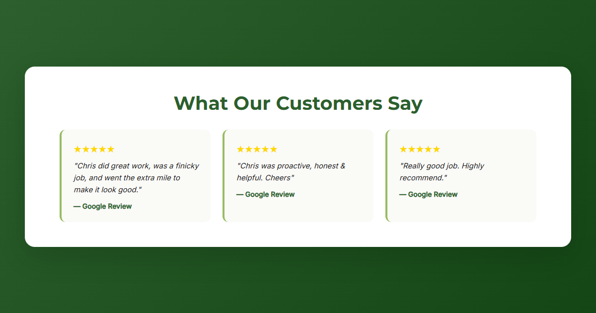 Customer reviews - 5 star ratings with quotes from satisfied clients